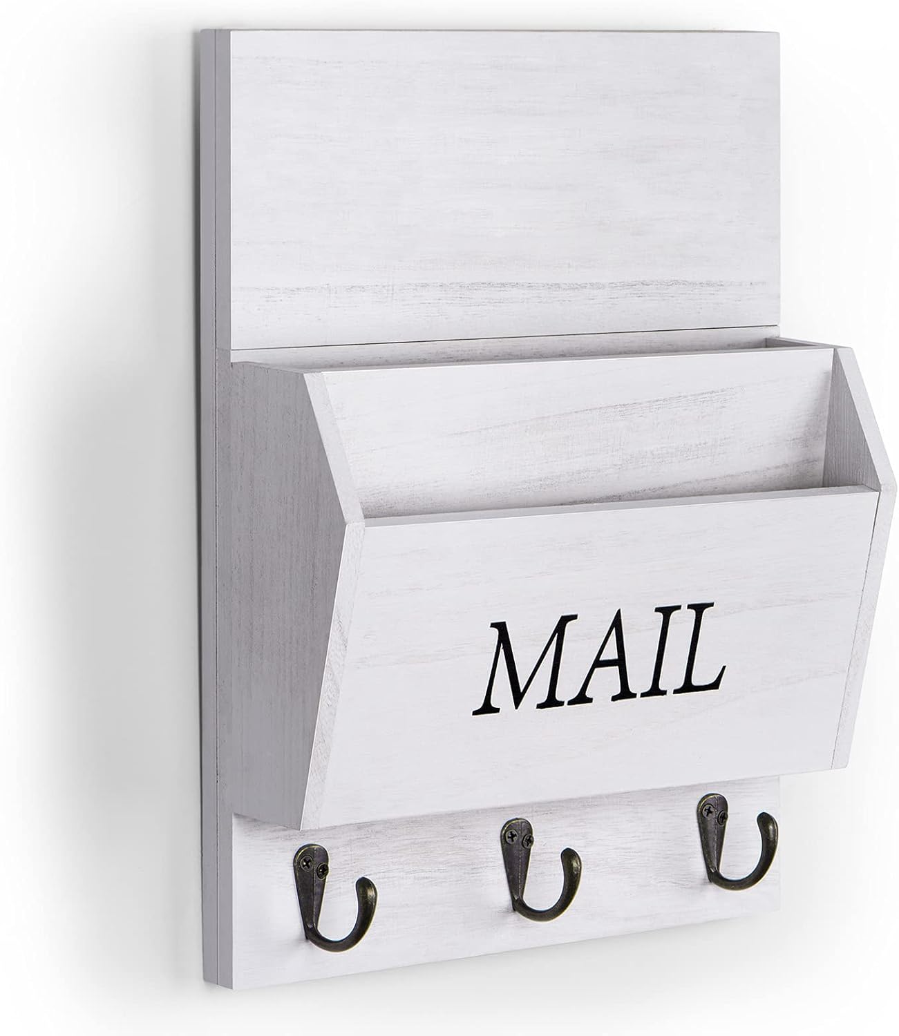 DLQuarts Solid Wood Mail Organizer with Key Holder for Wall, Mail Sorter Wall Mounted, Decorative Wooden Key and Mail Holder with 3 Hooks, White