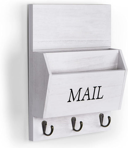 DLQuarts Solid Wood Mail Organizer with Key Holder for Wall, Mail Sorter Wall Mounted, Decorative Wooden Key and Mail Holder with 3 Hooks, White