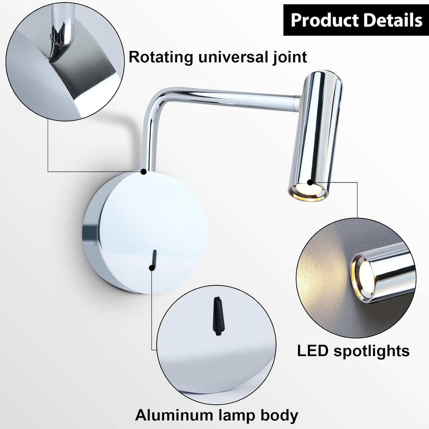 ZEROUNO Wall Mounted Reading Light for Bedroom LED Hardwired Sconce with Switch on/Off Modern 3000K Swing Arm Bedside Wall Mount Lamp (Black)