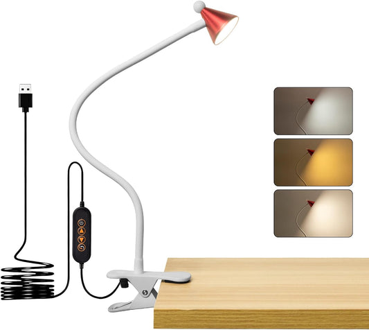 Clip on Desk Lamp, Dimmable Reading Light with Clamp for Bed Headboard, 3 Color Modes 10 Brightness Levels, Flexible Gooseneck LED Clamp Light for Desk Workshop Home Office, USB Powered(Red)