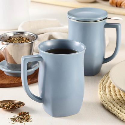 Tea Forte Ceramic Fiore Tea Cup with Infuser, Blue Agave, 14 oz | Insulated Ceramic - Stainless Steel Loose Leaf Infuser - Keeps Tea Hot Longer - Lid Included - Microwave & Dishwasher Safe