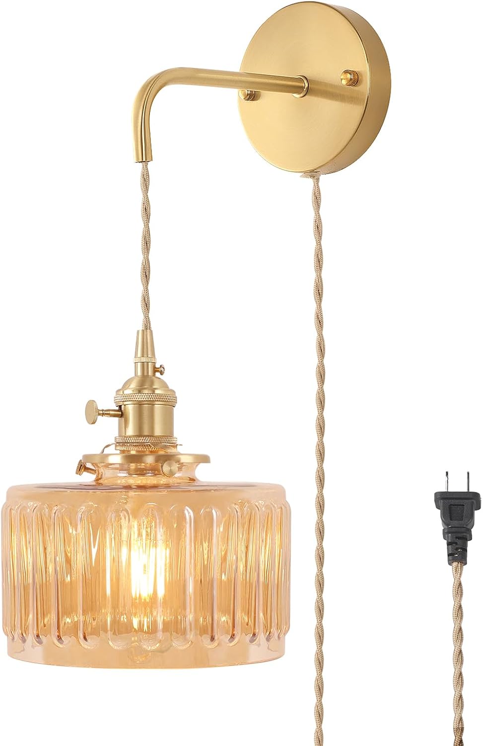Shenmoyl Battery Operated Wall Sconce with Green Striped Shade Pattern Glass Adjustable Chain Retro Gold Wall Mounted Light, Modern Wall Lamp Fixtures Decor for Bedside Bedroom Indoor Doorway
