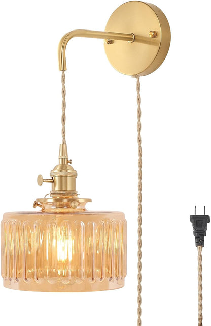Shenmoyl Battery Operated Wall Sconce with Green Striped Shade Pattern Glass Adjustable Chain Retro Gold Wall Mounted Light, Modern Wall Lamp Fixtures Decor for Bedside Bedroom Indoor Doorway