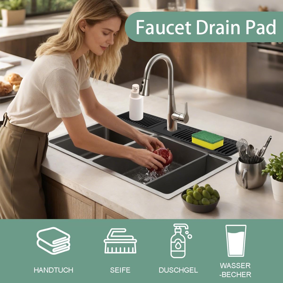 24 Inch Upgraded Draining Mat Folding faucet Mat for Bathroom Sink Splash Guard 7° Slope with Button Lock Water Draining Pad for Kitchen Bathroom Bar(Pink)