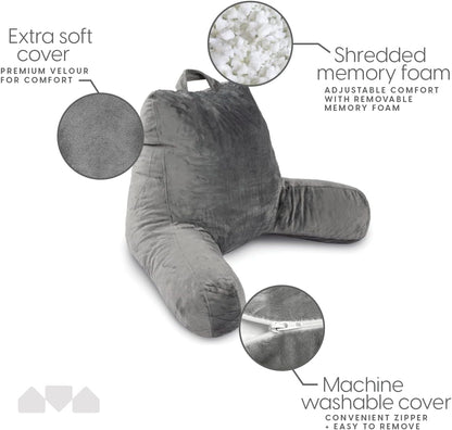 Milliard Reading Pillow with Arms, Grey, Shredded Memory Foam Back Pillow for Bed Sitting Up - Sit Up Backrest Support for Reading & Rest Bed - Washable Cover, Adjustable Comfort, CertiPUR Certified