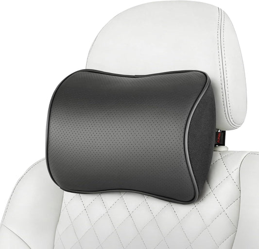 Aukee Car Headrest Pillow Memory Foam Car Neck Pillow with Adjustable Strap Soft Leather Headrest for Driving Home Office Black (1PC)