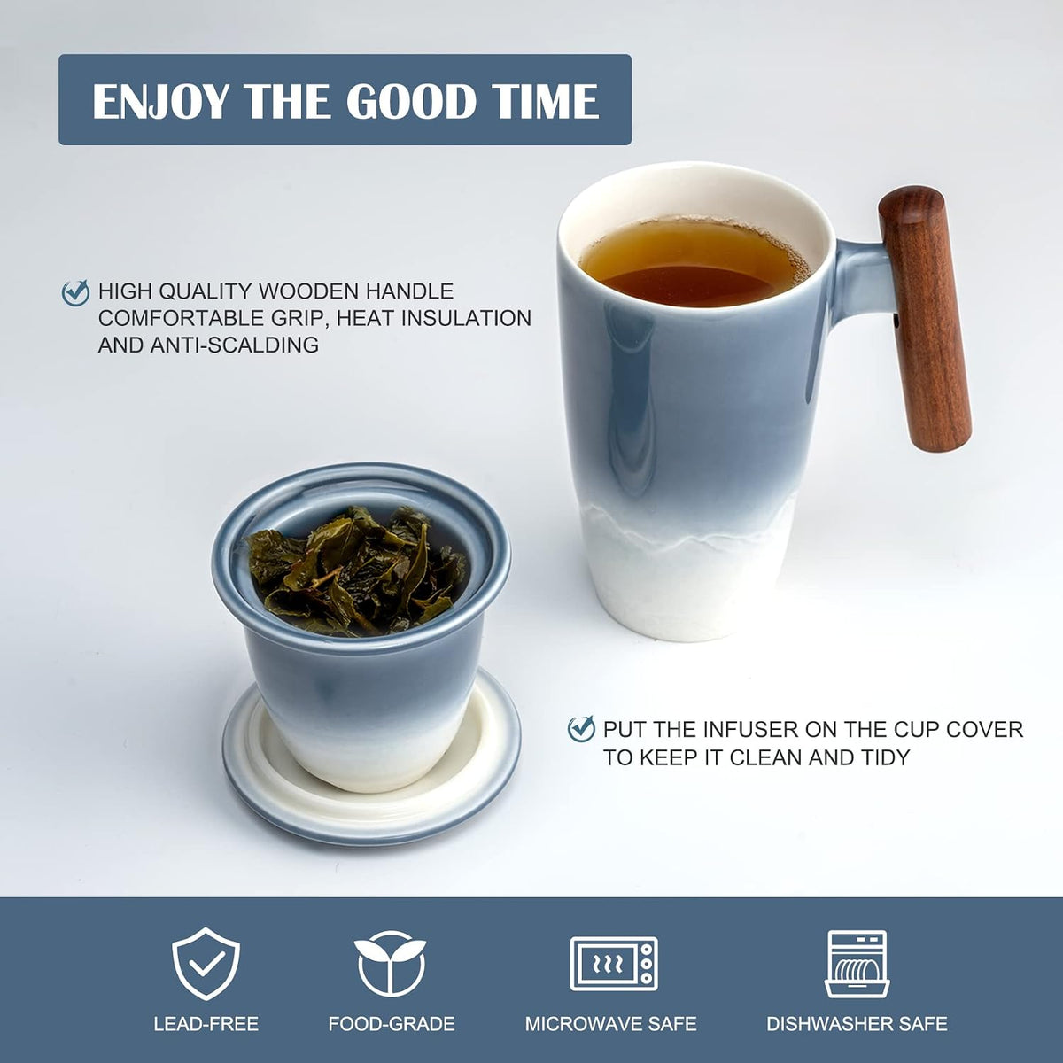 suyika Ceramic Tea Cup with Infuser and Lid Tea Mugs Wooden Handle 400ml/13.5oz Dark Green