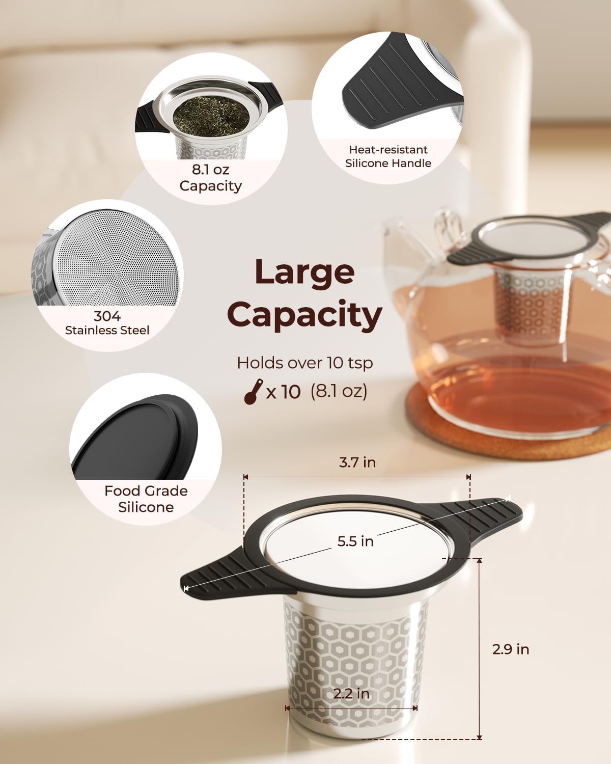 304 Stainless Steel Tea Infuser for Loose Leaf Tea Steeper | Extra Fine Mesh Large Tea Strainers & Filters with Food Grade Silicone, Tea Diffusers for Loose Tea, Cup, Mug, Teapot