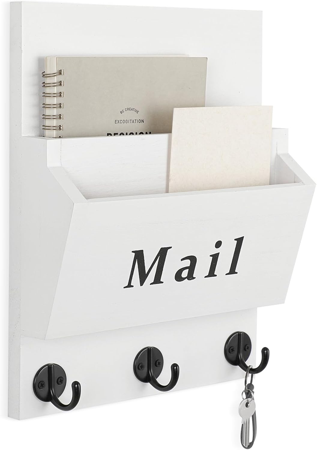 Mail and Key Holder, Wall Key Holder with 2 Mail Organizer Slot and 3 Hooks | Decorative 8.86" x 11.42" Mail Holder, Real Paulownia Wood with Keyhole Brackets, Hardware and Instructions