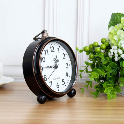 Retro Metal Table Clock Battery Operated Non-Ticking Silent Quartz Table Small Alarm Clock Desk Shelf HD Glass Clock for Kids Room (Arabic-550-12)