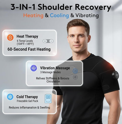 Cordless Shoulder Heating Pad with Vibration & Cold Gel Pack, Heat, Cool&Massage Support Wrap 6 Heat Level, 3 Vibration Mode, Adjustable Neoprene Shoulder Brace for Rotator Cuff Pain