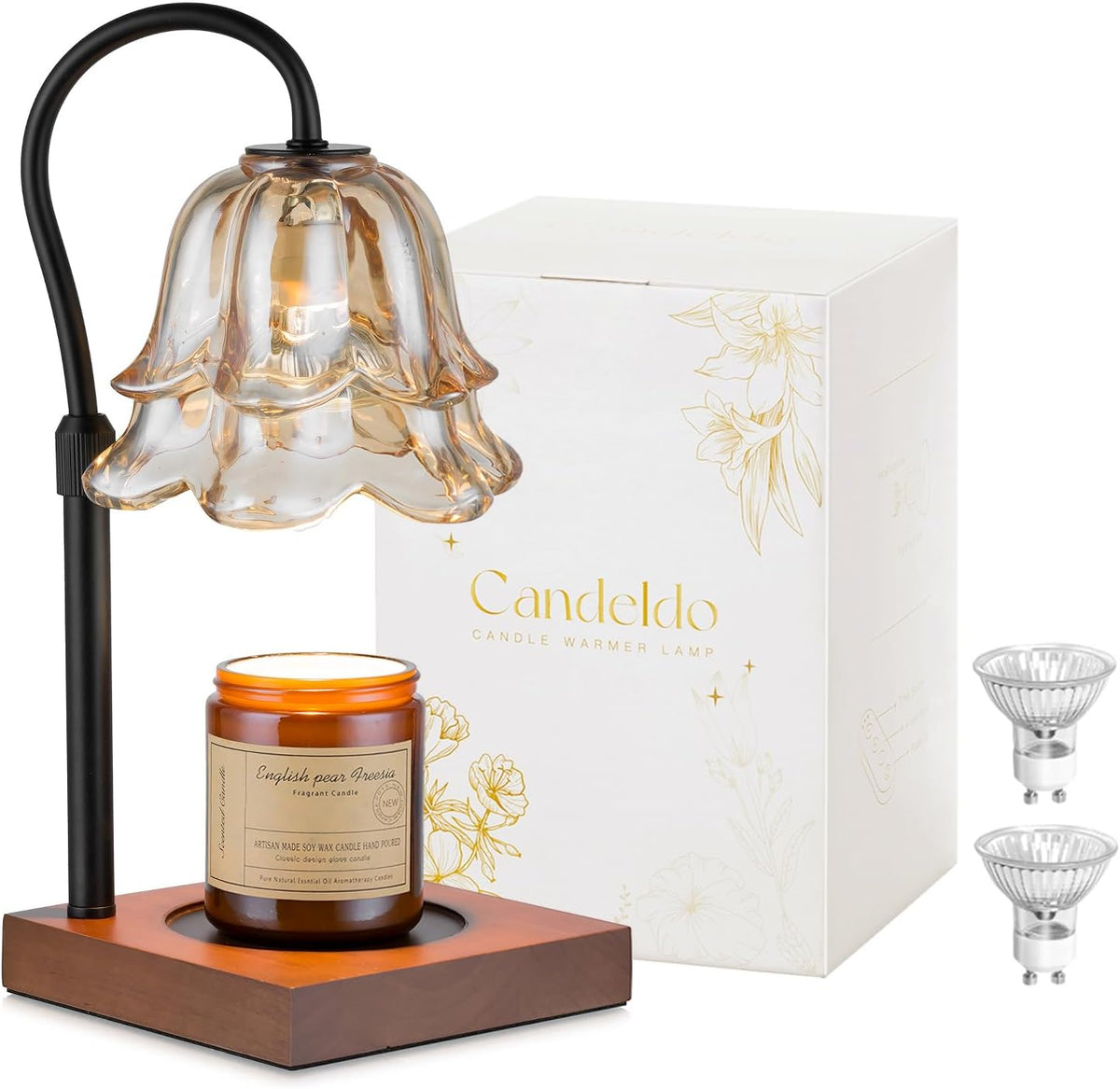 Candeldo Candle Warmer Lamp with Timer, Gold Flower Glass Shade