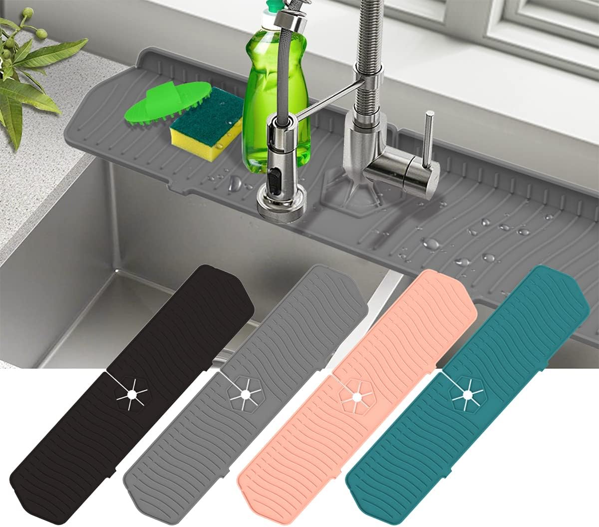Kitchen Faucet Sink Splash Guard, 24" x 5.6'' Upgrade Silicone Faucet Water Catcher Mat, Sink Draining Pad Behind Faucet, Rubber Drying Mat for Countertop, Bathroom, Farmhouse, RV (Black)