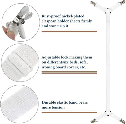 Consss Bed Sheet Straps, Adjustable Durable Bed Sheet Holder Straps with Metal Clips, Elastic Sheet Holders Keep Sheets Firm & Tight 2PCS White