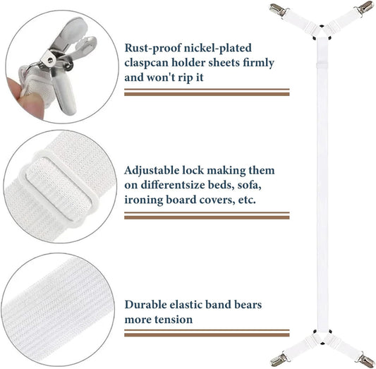 Consss Bed Sheet Straps, Adjustable Durable Bed Sheet Holder Straps with Metal Clips, Elastic Sheet Holders Keep Sheets Firm & Tight 2PCS White