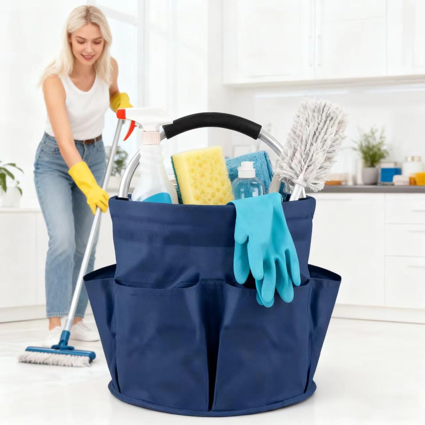 17L Cleaning Caddy with Handle, Portable Picnic Basket, Apple Picking Basket, Gift Basket, Collapsible Bathroom Storage Baskets for Dorm, Bathroom, Tool, Garden, Cleaning Supplies (Black)