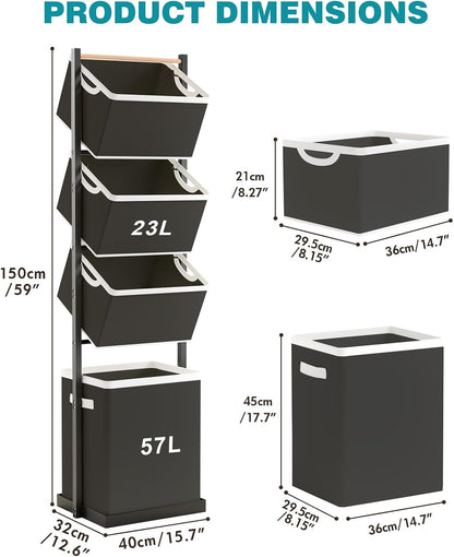 BAOKALER 4-Tier Laundry Hamper Sorter, Vertical Laundry Baskets with Wheel | Rolling Stackable Laundry Cart Removable, Organizer and Storage for Small Space, Dorm, Closet, Bathroom