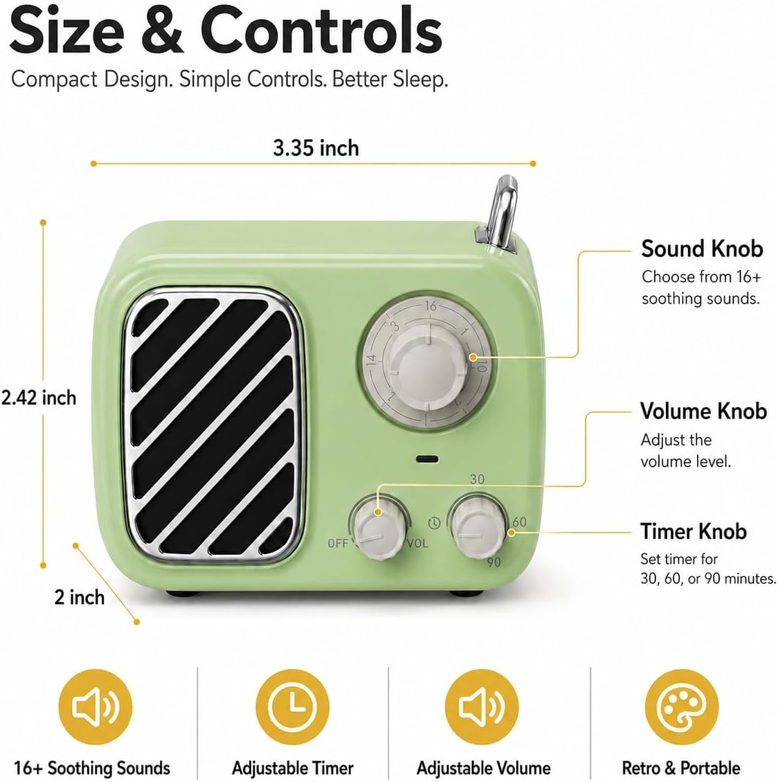 Portable White Noise Machine with Rich Sound, Non-Looping Sleep Sounds,Yellow