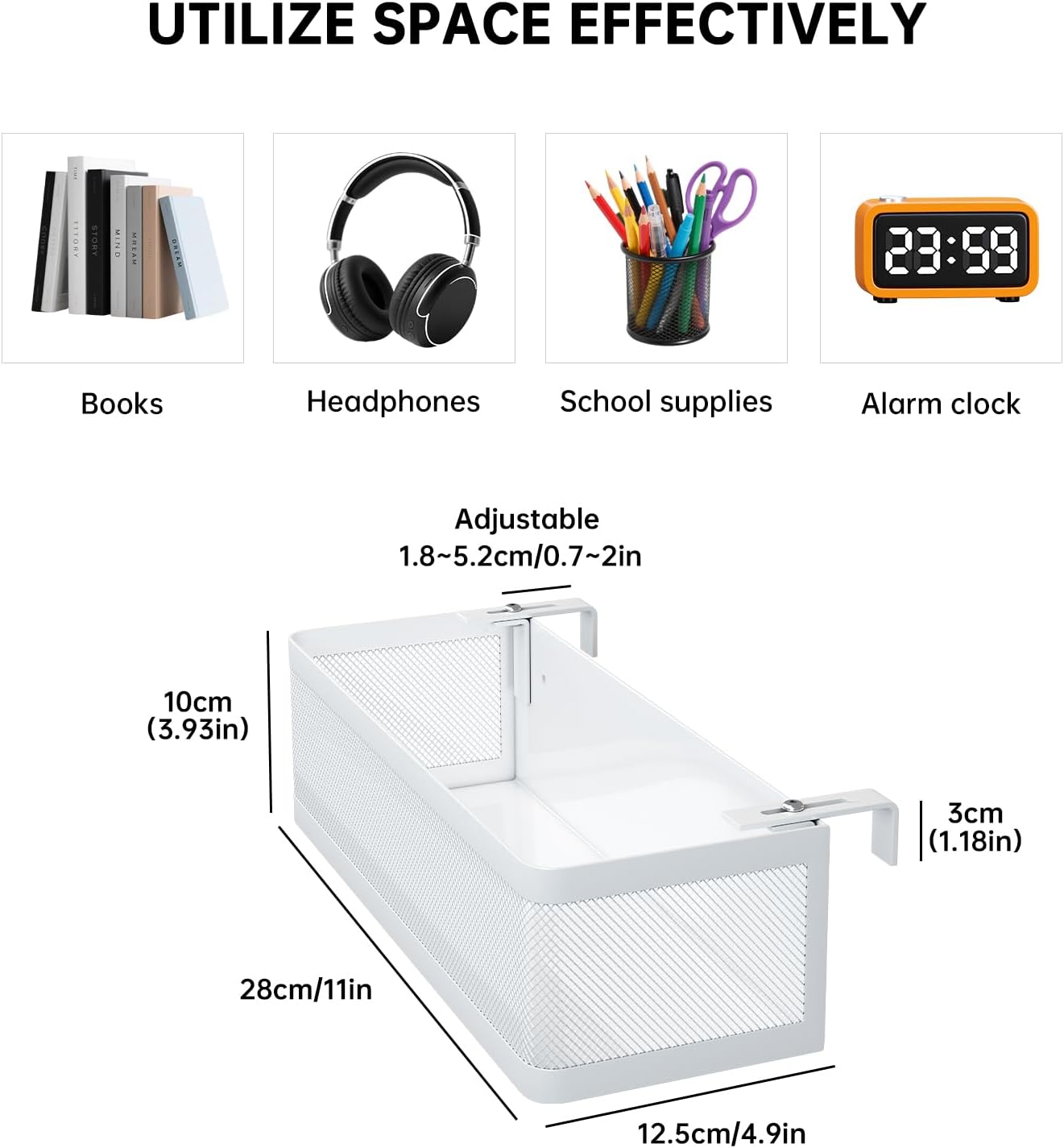 Hanging Metal Bedside Caddy, Adjustable Shelf for Bunk & Dorm (Large) | Sturdy metal mesh basket holds 33 lbs, Adjustable hooks fit 0.7"-2" frames,Ideal space-saver for dorm, bunk & bedside