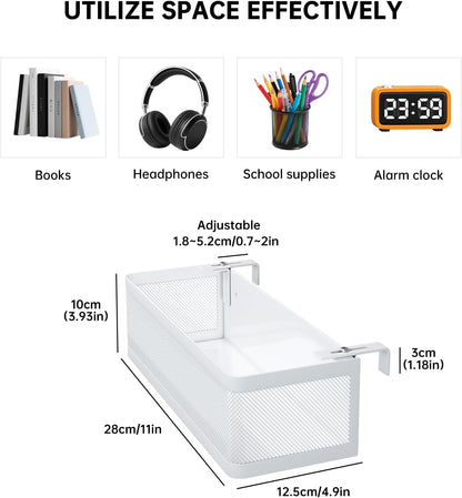 Hanging Metal Bedside Caddy, Adjustable Shelf for Bunk & Dorm (Large) | Sturdy metal mesh basket holds 33 lbs, Adjustable hooks fit 0.7"-2" frames,Ideal space-saver for dorm, bunk & bedside