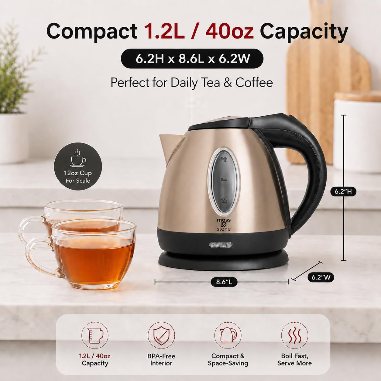 Moss & Stone Red Stainless Steel Electric Kettle, 1.2L Cordless 1500W | Small, portable hot water tea kettle, fast boiling pot, boil-dry protection, auto shut-off, blue Illuminate LED light