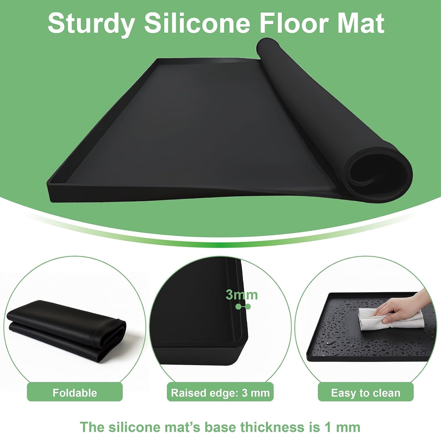 28.7” x 28.7” Washing Machine Drain Pan, Silicone Washer Pan, Black | 2cm Raised Waterproof Edge, Washer and Dryer Mat for Floor Protection, Fits Compact Washers Up to 4.0 Cu.Ft.
