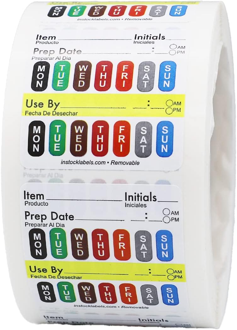 Removable Universal Labels for Food Rotation Use By Food Preparation Days of The Week Prep Date Stickers 2 x 2 Inch 500 Adhesive Removable Stickers