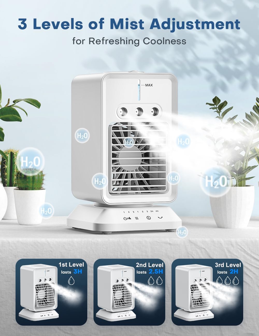 Portable Air Conditioners 4 Modes&3 Speeds,4 Ice Packs, Waterless Alert System, 12H Timer, Remote,1 Gal Detachable Water Tank, 70°Oscillation Windowless Evaporative Air Cooler for Room Office