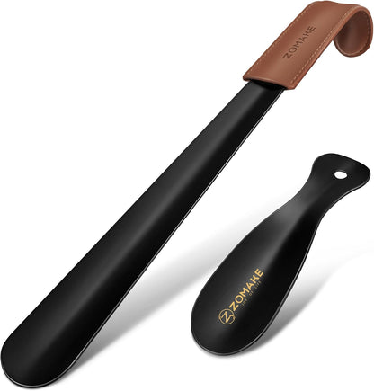 ZOMAKE Shoe Horn Long Handle for Seniors Men Women, Metal Shoehorn 2Pack | 16.5" Long Boot Horn, Travel Small Shoe Spoon Helper 7.5", Sturdy Stainless Steel, Anti-Slip Leather Grip, Shoe Protection