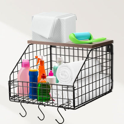 Picowe Laundry Room Shelves Wall Mounted, Metal Basket with Wood Lid (S) | Stackable & wall-mountable. Rust-resistant steel. Wooden top stores dryer sheets & lint rollers. Fits over washer/dryer.