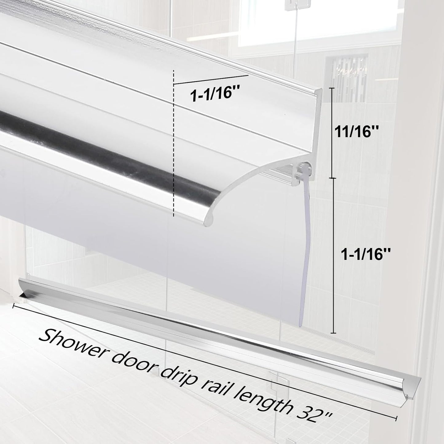 25" Shower Door Bottom Deflector for Chrome Framed Shower Door | Drip Rail Replacement with Vinyl Sweep,Attach pre adhesive installation tape and screws