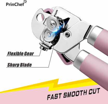 [Smoother Cut] PrinChef Manual Can Opener with Magnet, Improved Handle for More Comfortable Grip, Handheld Can Openers for Seniors, Heavy Duty Can Opener Smooth Edge, Bottle Opener Easy to Use, Black