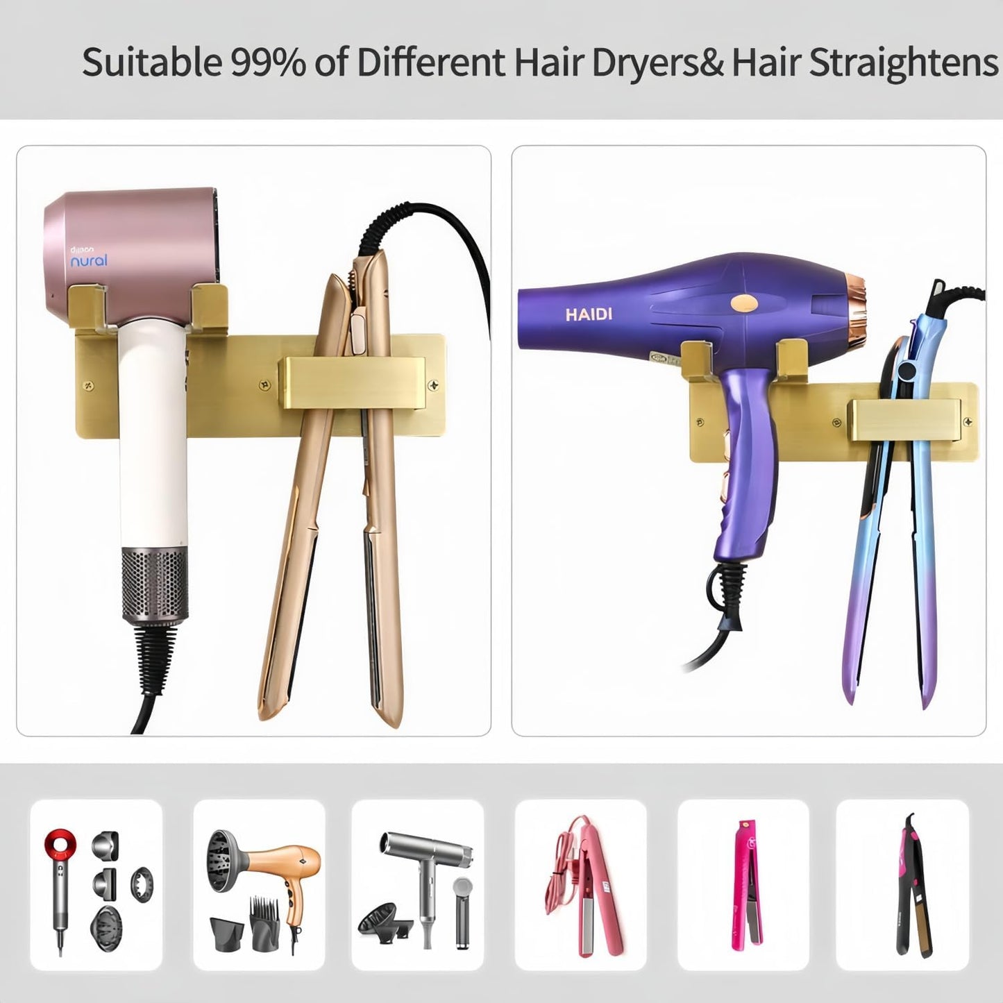 Hair Dryer Holder Wall Mounted, Stainless Steel Blow Dryer Holder for Bathroom, Hair Dryer and Straightener Holder Adhesive or Drilling, Hair Tool Organizer for Salon Barber Shops Banjekt
