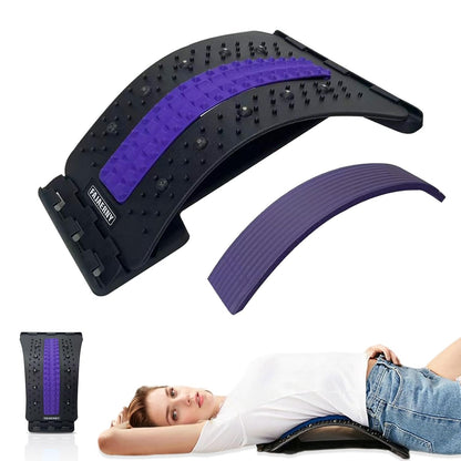Back Stretcher, 3-Level Adjustable Lumbar Support with 84 Massage Points and 10 Magnetic Nodes, Back Cracker for Posture Care and Muscle Relaxation, NBR Pad & Silicone Pad (Purple)