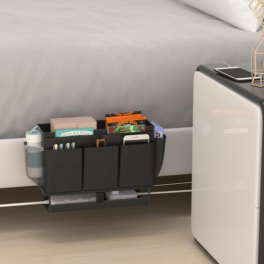 Bedside Caddy Organizer, Bed Caddy with 11 Pockets, White | Bed Organizer with Power Strip Holder, Versatile Bedside Storage Caddy for Home,Dorm,Bunk,Hospital,Crib Bed