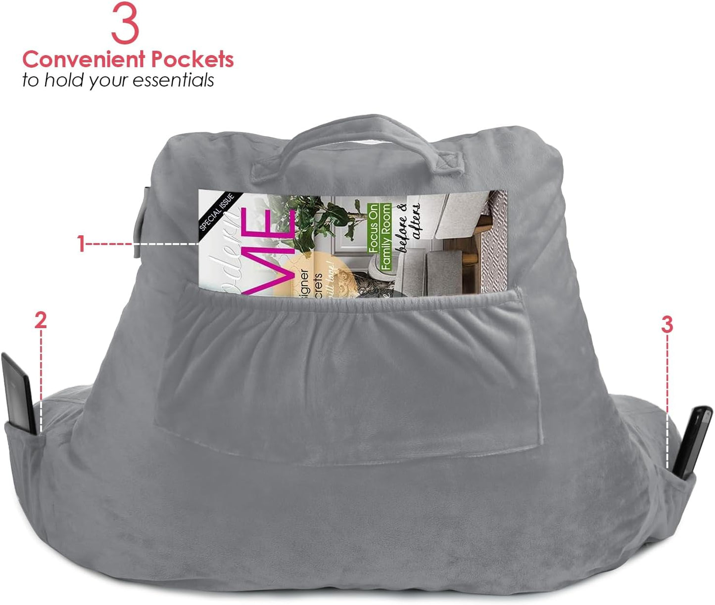 Nestl Reading Pillow with Shredded Memory Foam, Designed for Sitting Up in Bed and Couch, Back and Arms Adjustable Support for Adult & Teens Backrest Pillows for Reading, with Washable Cover Dark Grey