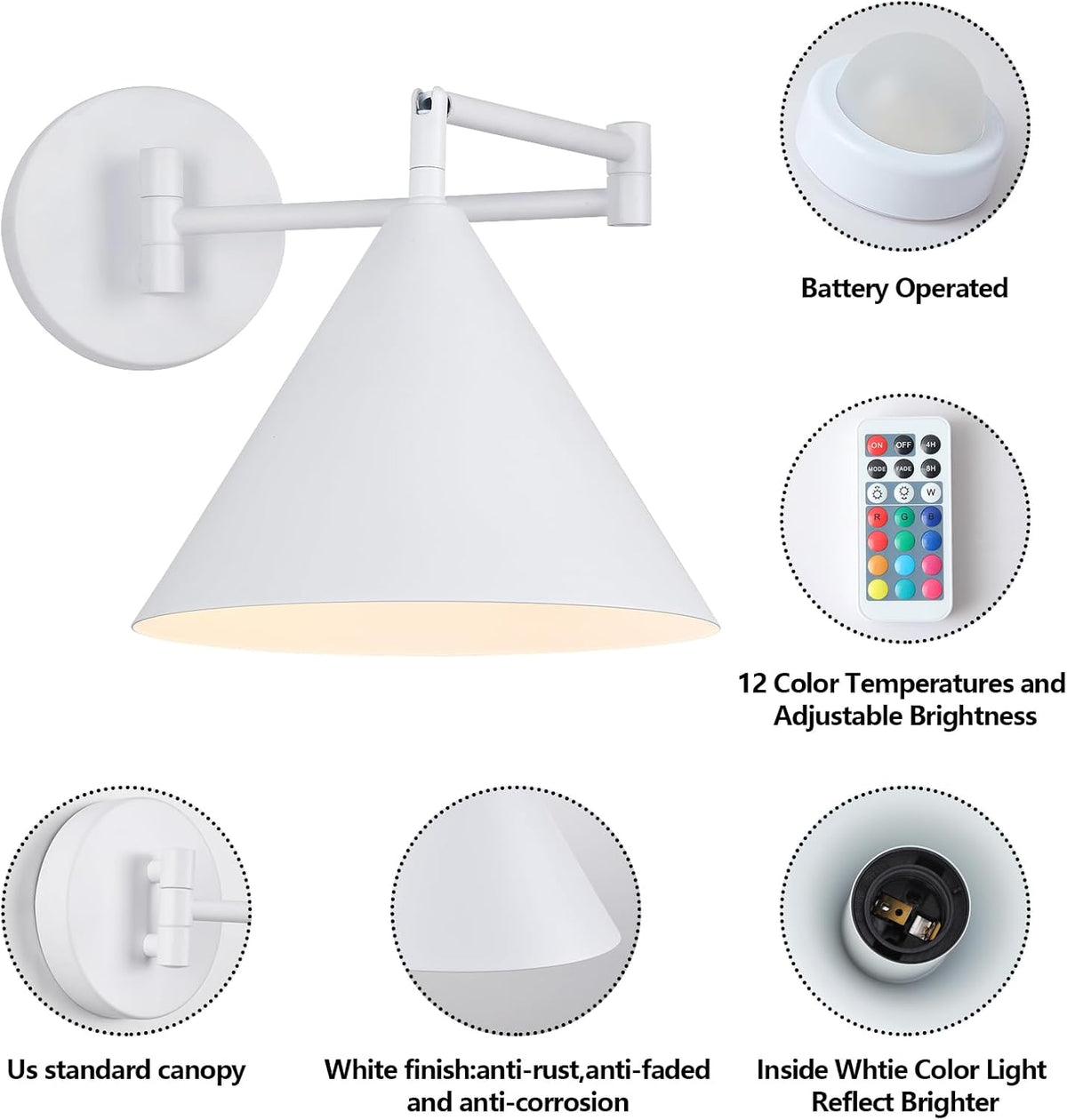 Rechargeable Swing Arm Wall Sconces Set of 2,Gold Battery Operated Wireless Dimmable 3 Color Wall Light with Remote,Cone Indoor Light Fixture for Bedside,Kitchen,Hallway,Living Room,Reading