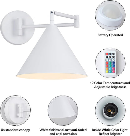 Rechargeable Swing Arm Wall Sconces Set of 2,Gold Battery Operated Wireless Dimmable 3 Color Wall Light with Remote,Cone Indoor Light Fixture for Bedside,Kitchen,Hallway,Living Room,Reading