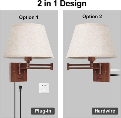 TRLIFE Wall Sconce Plug in, Dimmable Wall Sconces Set of Two Swing Arm Wall Lights with Plug in Cord and On/Off Dimmer Rotary Switch, 9.4" Medium Beige Fabric Shade(2 Pack, 2 Bulbs)