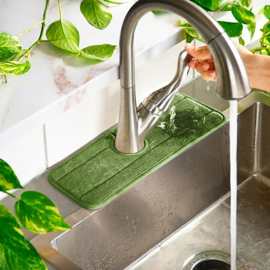 Ternal Original SINKMAT 15in Faucet Splash Guard Extra Long Microfiber Sink Drip Catcher Mat Non Slip Countertop Protector Drying Pad Kitchen Bathroom RV Machine Washable [Moss Green]