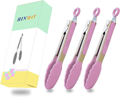 HINMAY Mini Tongs with Silicone Tips 7-Inch Serving Tongs, Set of 3 (Red Blue Green)
