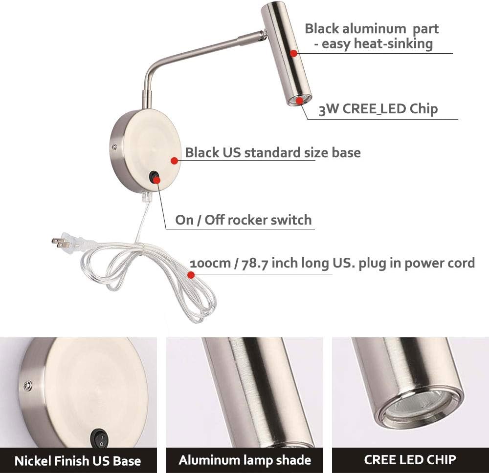 Joossnwell Wall Lamps that Plug in, Bronze Metal Industrial Wall Spotlight with Switch on Off for Home Bedside Lighting Fixtures Warm White 3000K 1 Pack