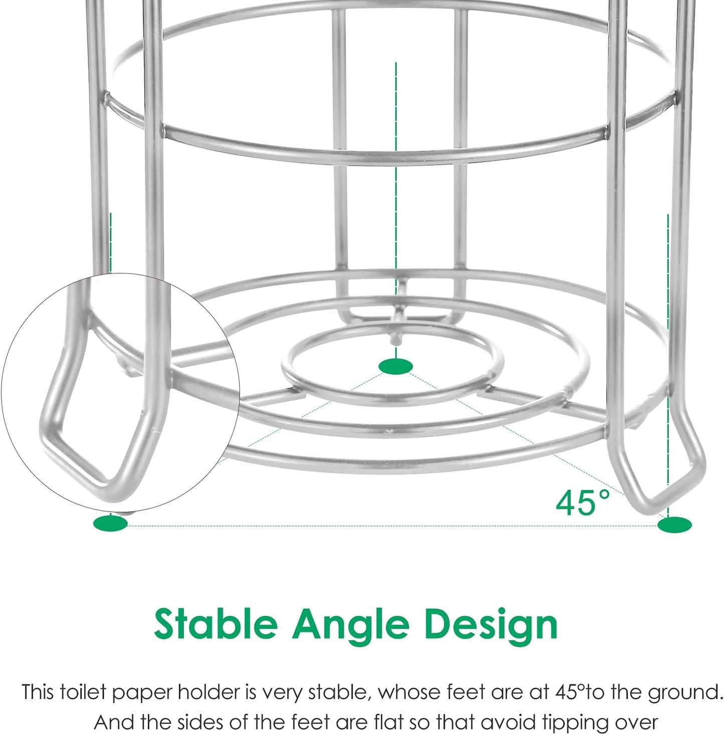 TomCare Toilet Paper Holder Free Standing with Shelf, Stable 4 Raised Feet | Stores 4 Mega Rolls, Tool-Free Assembly, Powder-Coated Metal Frame, Bathroom Storage Organizer for Spare Rolls, Silver