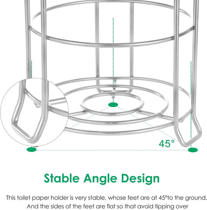 TomCare Toilet Paper Holder Free Standing with Shelf, Stable 4 Raised Feet | Stores 4 Mega Rolls, Tool-Free Assembly, Powder-Coated Metal Frame, Bathroom Storage Organizer for Spare Rolls, Silver