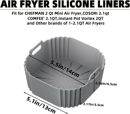 Silicone Air Fryer Liners for CHEFMAN 2 Qt Mini Air Fryer, 2 Pack Square Small Airfryer Liners Reusable for Ninja/DASH/Cuisinart/topzee/COSORI/BELLA/COMFEE'/Instant Pot/Tasty/DEIME/Bear 1-2.1QT