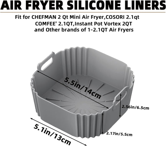 Silicone Air Fryer Liners for CHEFMAN 2 Qt Mini Air Fryer, 2 Pack Square Small Airfryer Liners Reusable for Ninja/DASH/Cuisinart/topzee/COSORI/BELLA/COMFEE'/Instant Pot/Tasty/DEIME/Bear 1-2.1QT