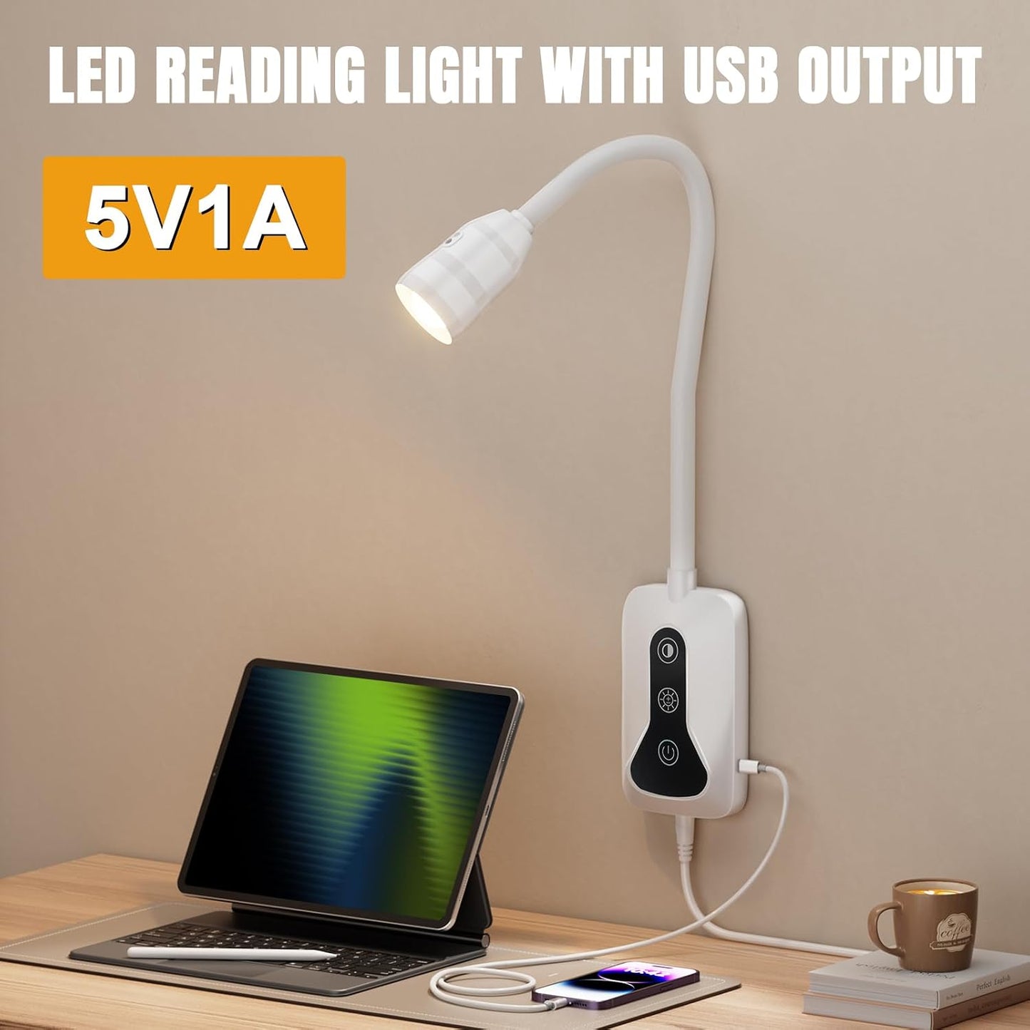 Wall Mounted LED Reading Light for Bed Headboard - 5 Color & Brightness Levels Dimmable Book Light with Touch/Wave Control, USB Output - Night Reading Lamp for Books in Bed