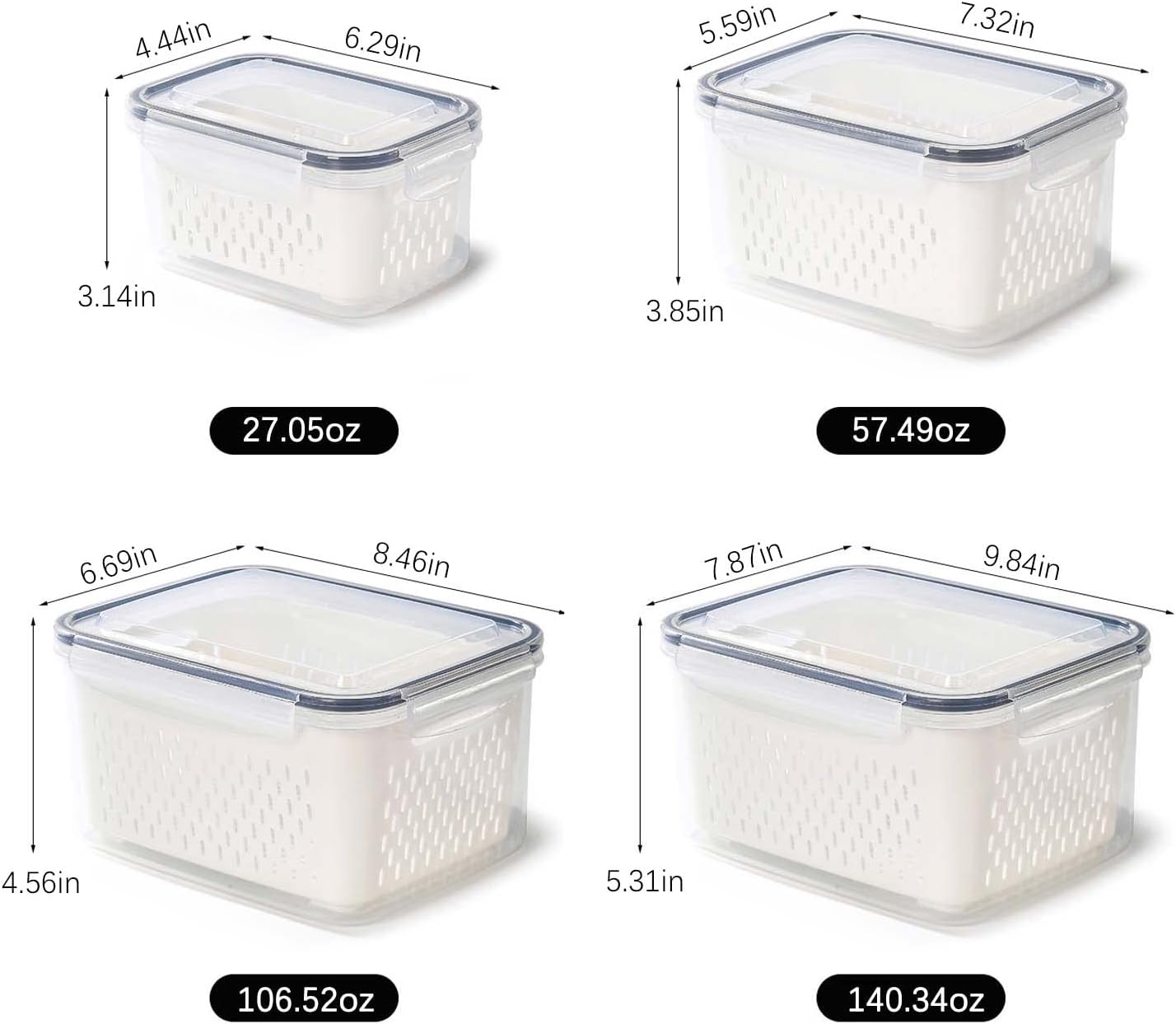 4 Pack Fresh Food Storage Containers, Large Capacity Produce Saver Box with Drain Baskets & Lid, Fridge Organizer, Airtight Fruit Organizer for Refrigerator, Stackable Plastic Fruit Veggie Saver