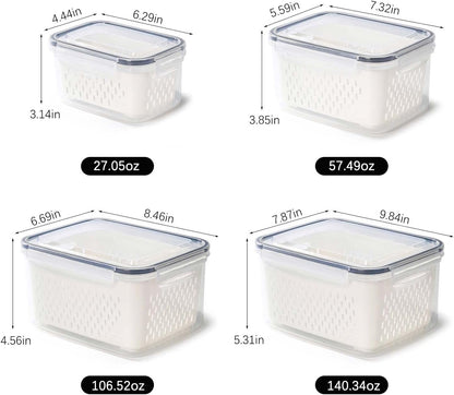 4 Pack Fresh Food Storage Containers, Large Capacity Produce Saver Box with Drain Baskets & Lid, Fridge Organizer, Airtight Fruit Organizer for Refrigerator, Stackable Plastic Fruit Veggie Saver