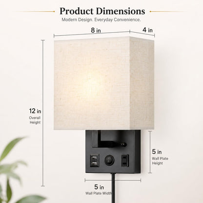 Vrisa Wall Sconces Wall Lamps for Bedrooms Set of 2 Plug in Bedside Lights Wall Mounted with USB Ports Outlet Wall Light Fixtures for Bedroom Living Room Black (2 Bulbs Included)